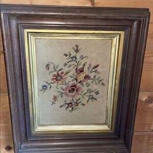 Floral Needlepoint Art in Wooden Frame